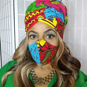 African Cotton Ankara Headwrap and Face Mask Set